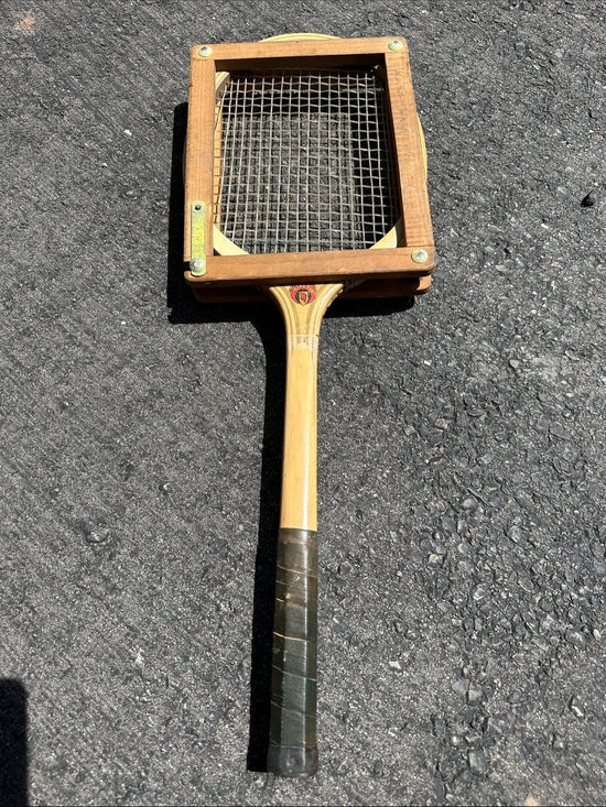 Monarch Other - Vintage Wooden Tennis Racket with Press - Natural Wood & Leather Grip